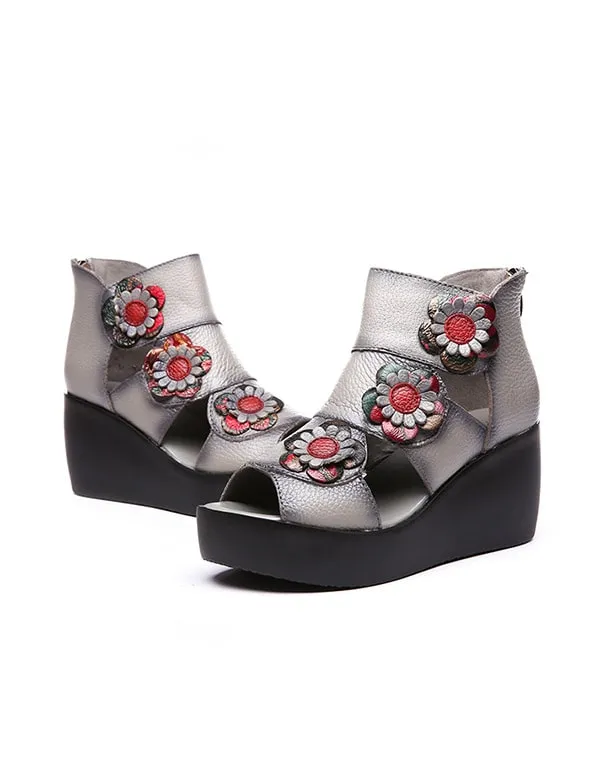 Ethnic Style Flower Fish Toe Wedge Sandals