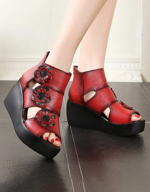 Ethnic Style Flower Fish Toe Wedge Sandals