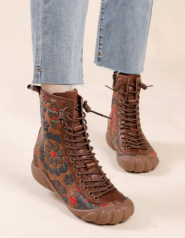 Ethnic Style Lace-up Flower Printed Leather Boots