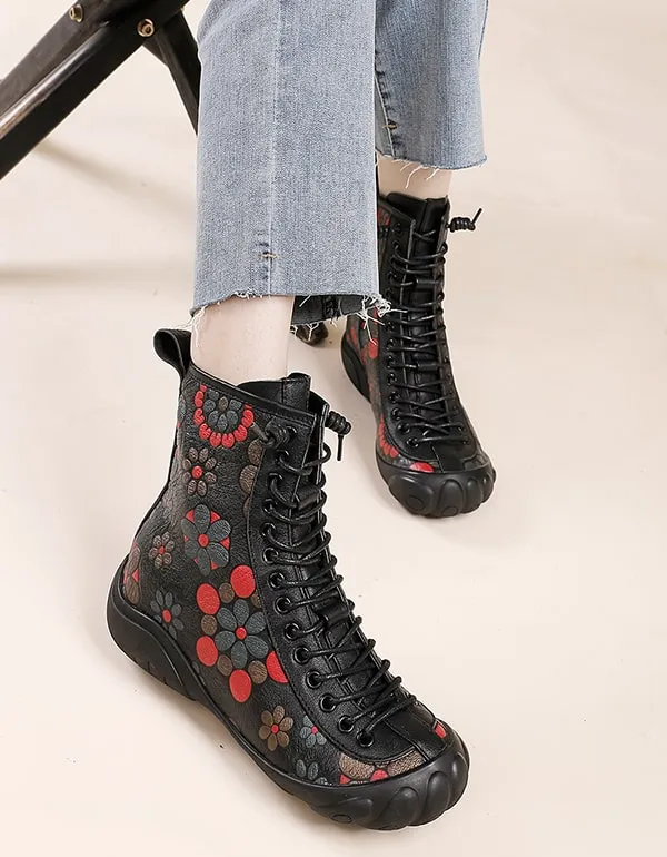 Ethnic Style Lace-up Flower Printed Leather Boots