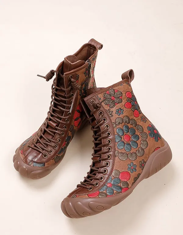 Ethnic Style Lace-up Flower Printed Leather Boots