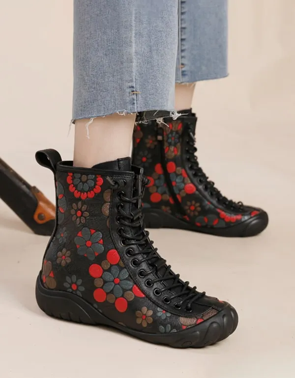 Ethnic Style Lace-up Flower Printed Leather Boots