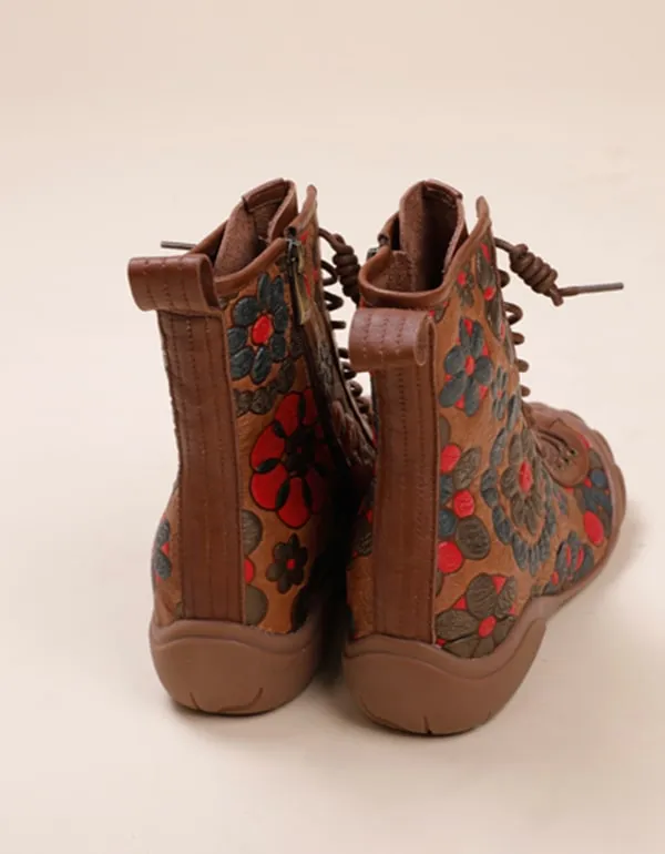 Ethnic Style Lace-up Flower Printed Leather Boots