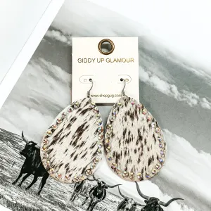 Faux Cowhide Teardrop Earrings with AB Crystal Outline in Brown and White Cow Print