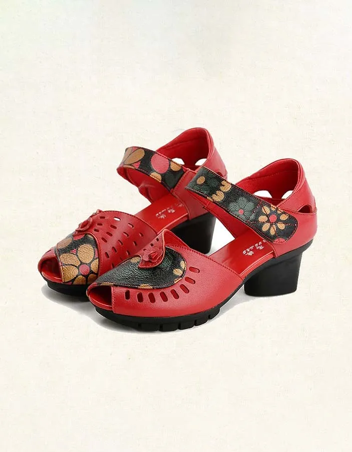 Fish-toe Printed Leather Ethnic Chunky Sandals