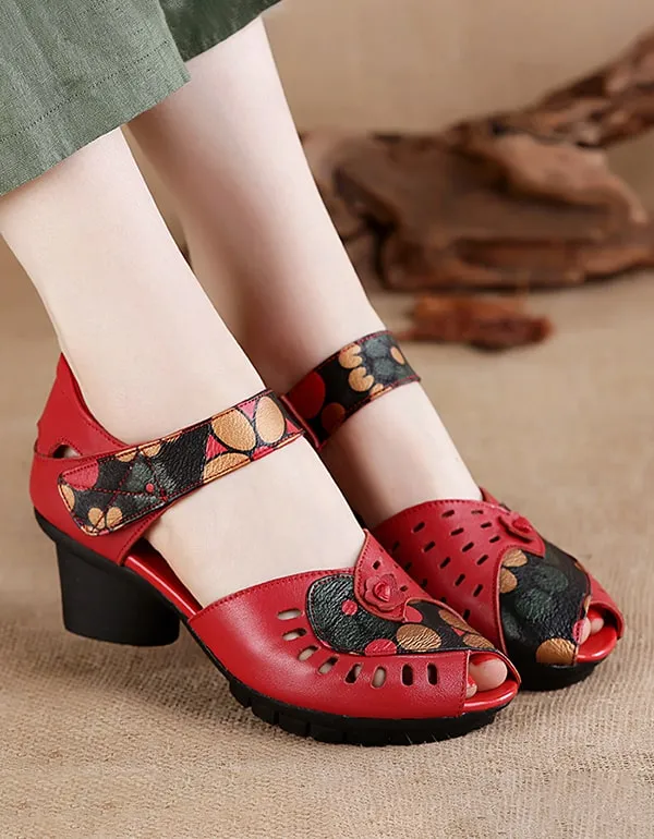 Fish-toe Printed Leather Ethnic Chunky Sandals