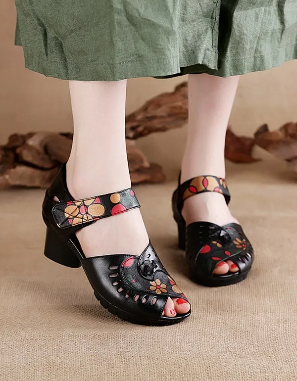 Fish-toe Printed Leather Ethnic Chunky Sandals