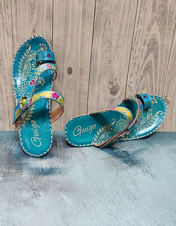 Flip-Flops Cowhide Ethnic Shoes Handmade Floral