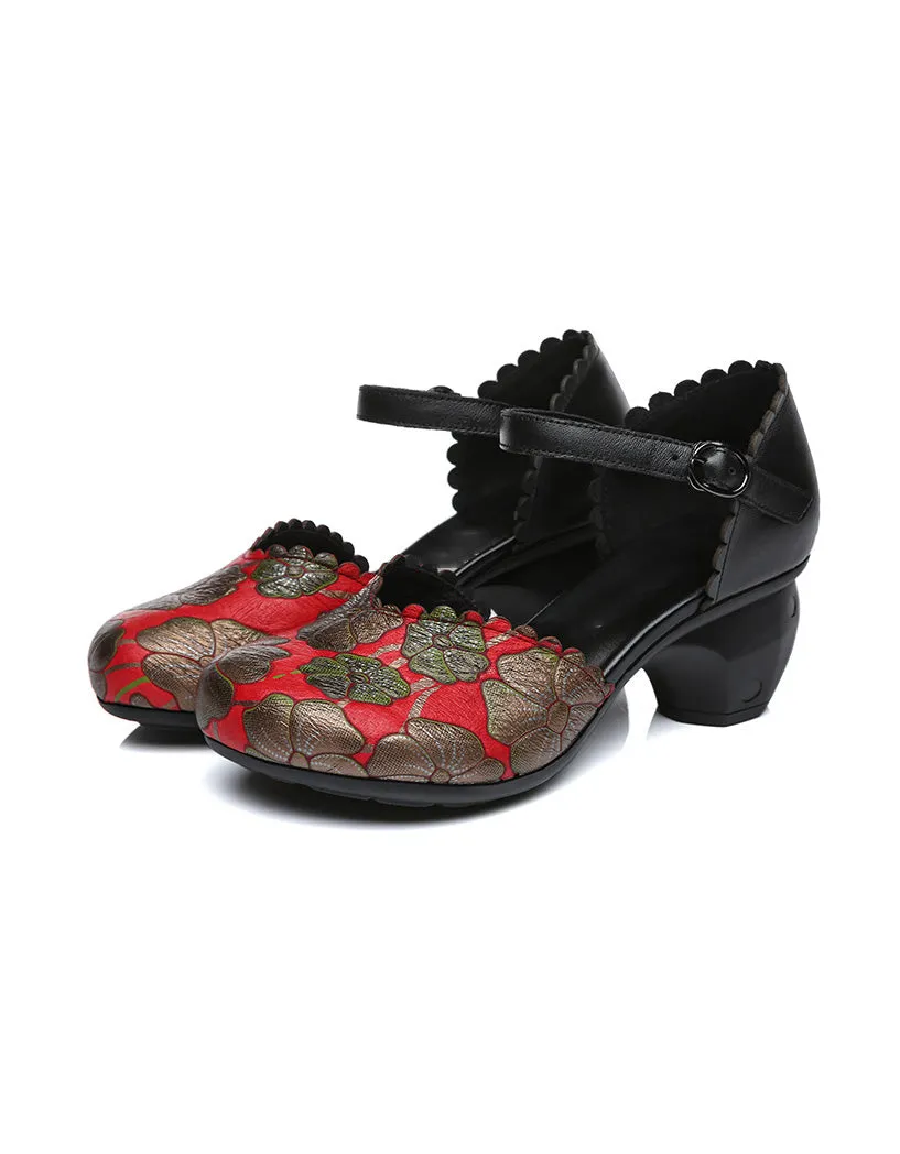 Flower Printed Leather Ankle Strap Chunky Heels