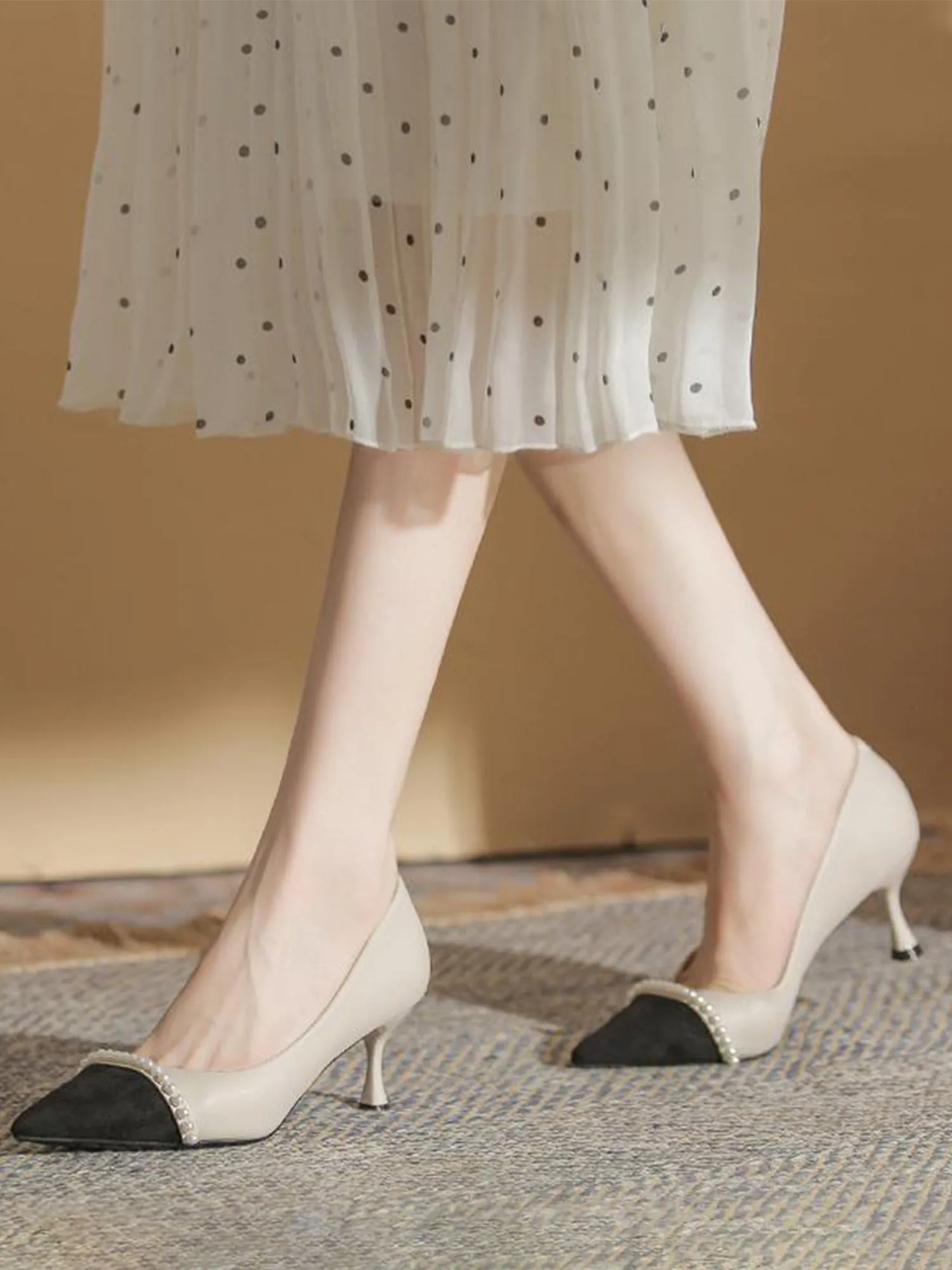 French Color-block Pearl Wedding Heels