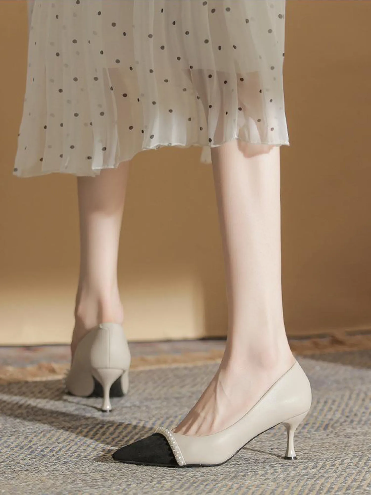 French Color-block Pearl Wedding Heels