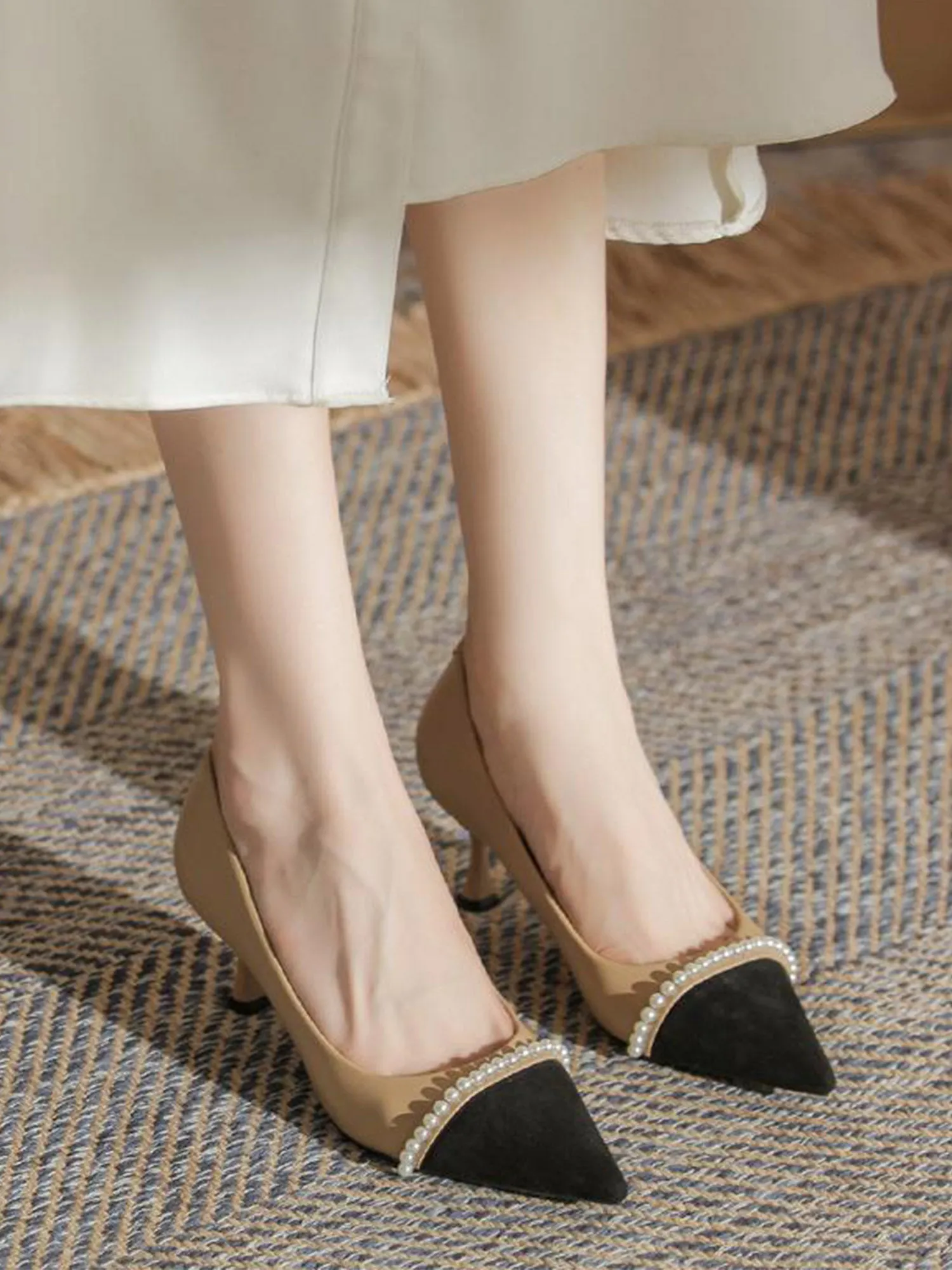 French Color-block Pearl Wedding Heels