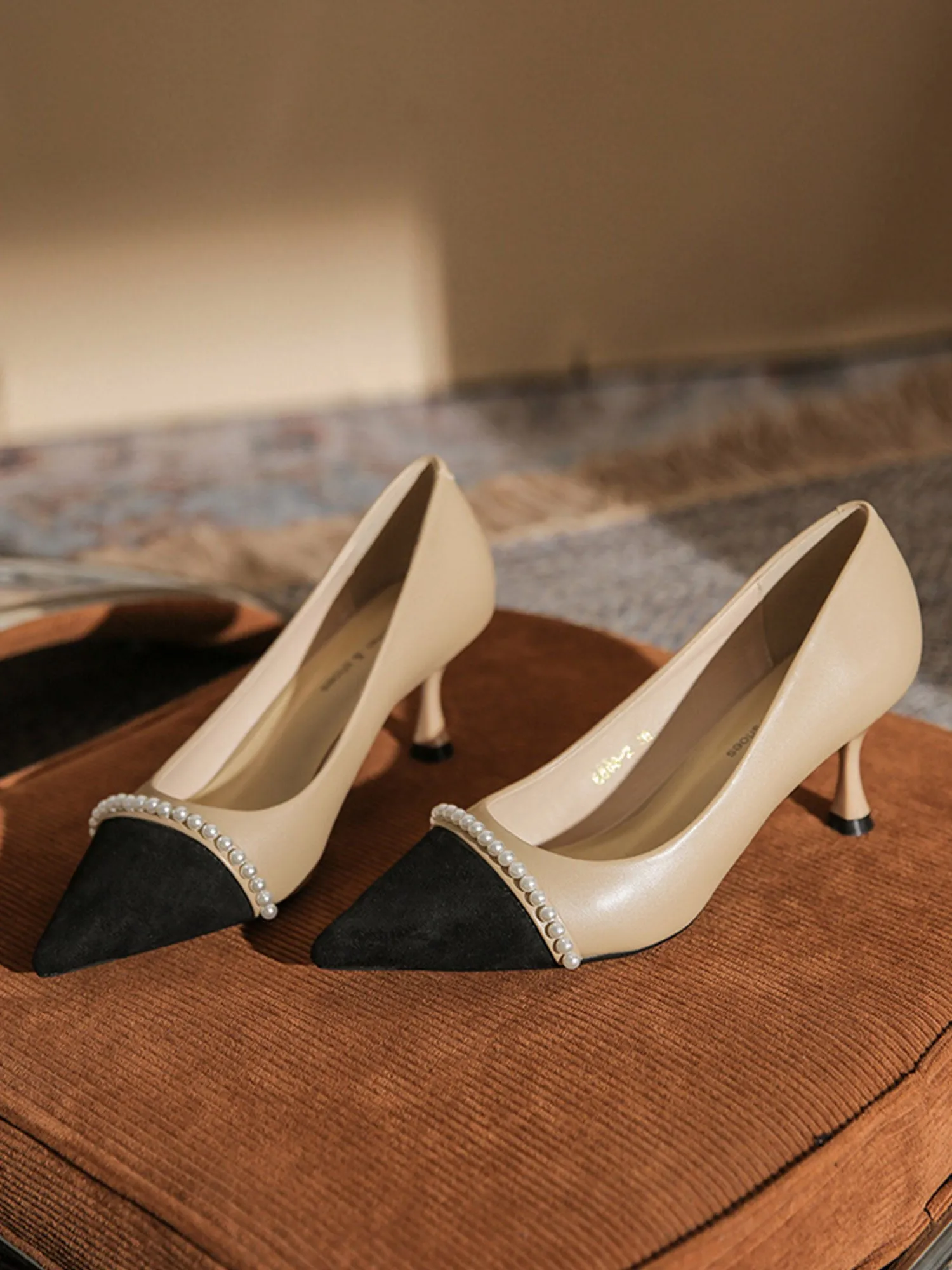 French Color-block Pearl Wedding Heels