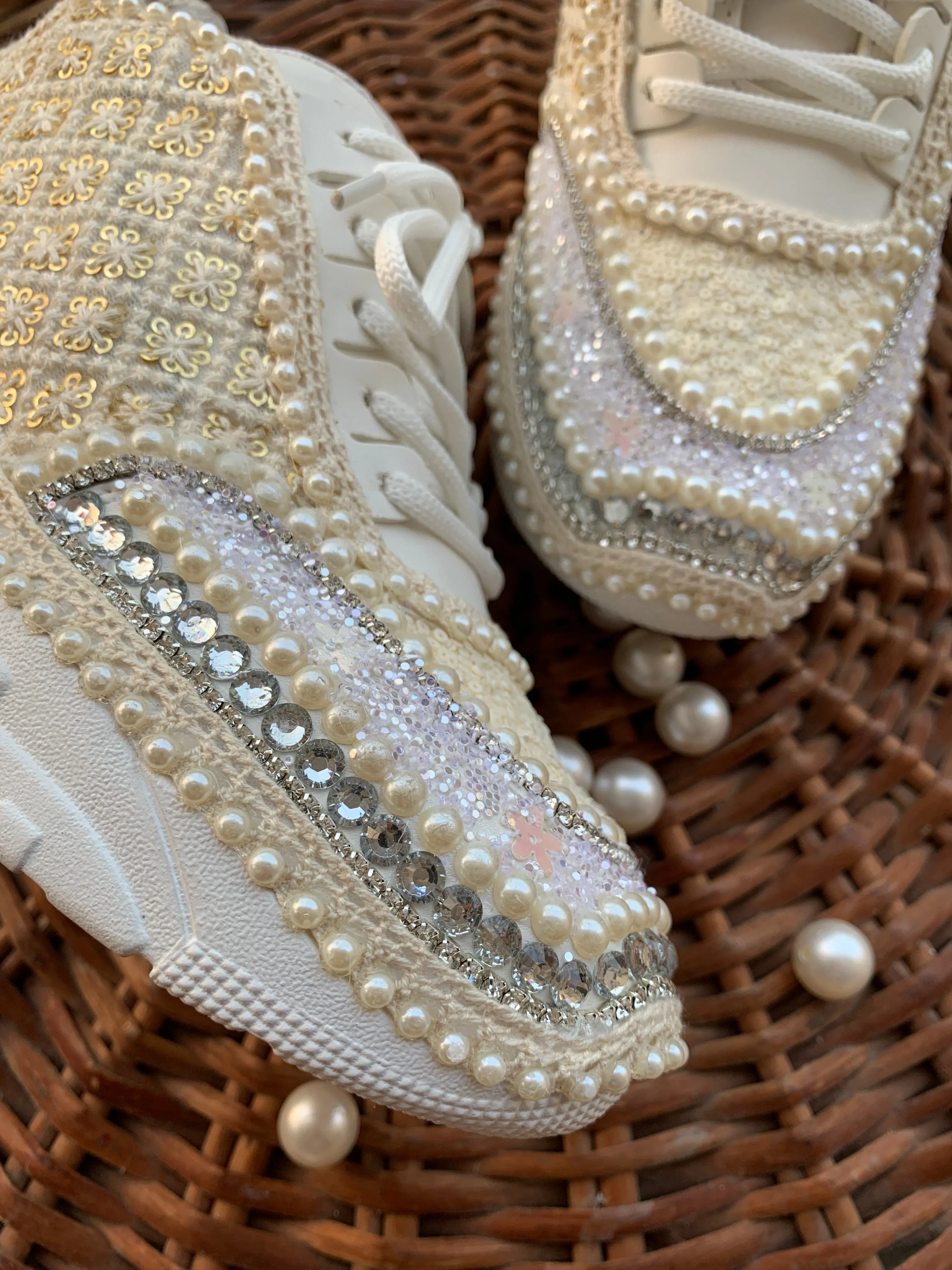 FUNKY N TRENDY Pearl work ivory sneakers for brides / bridesmaids