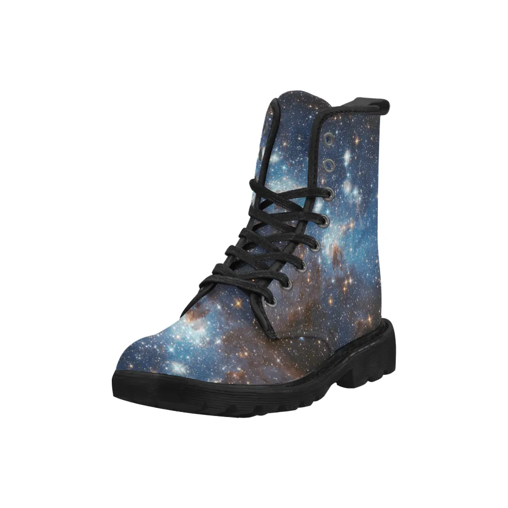 Galaxy boots Women's Vegan Canvas Lace Up Shoes, Blue Universe Space Constellation Festival Print Black Ankle Combat, Casual Custom Gift