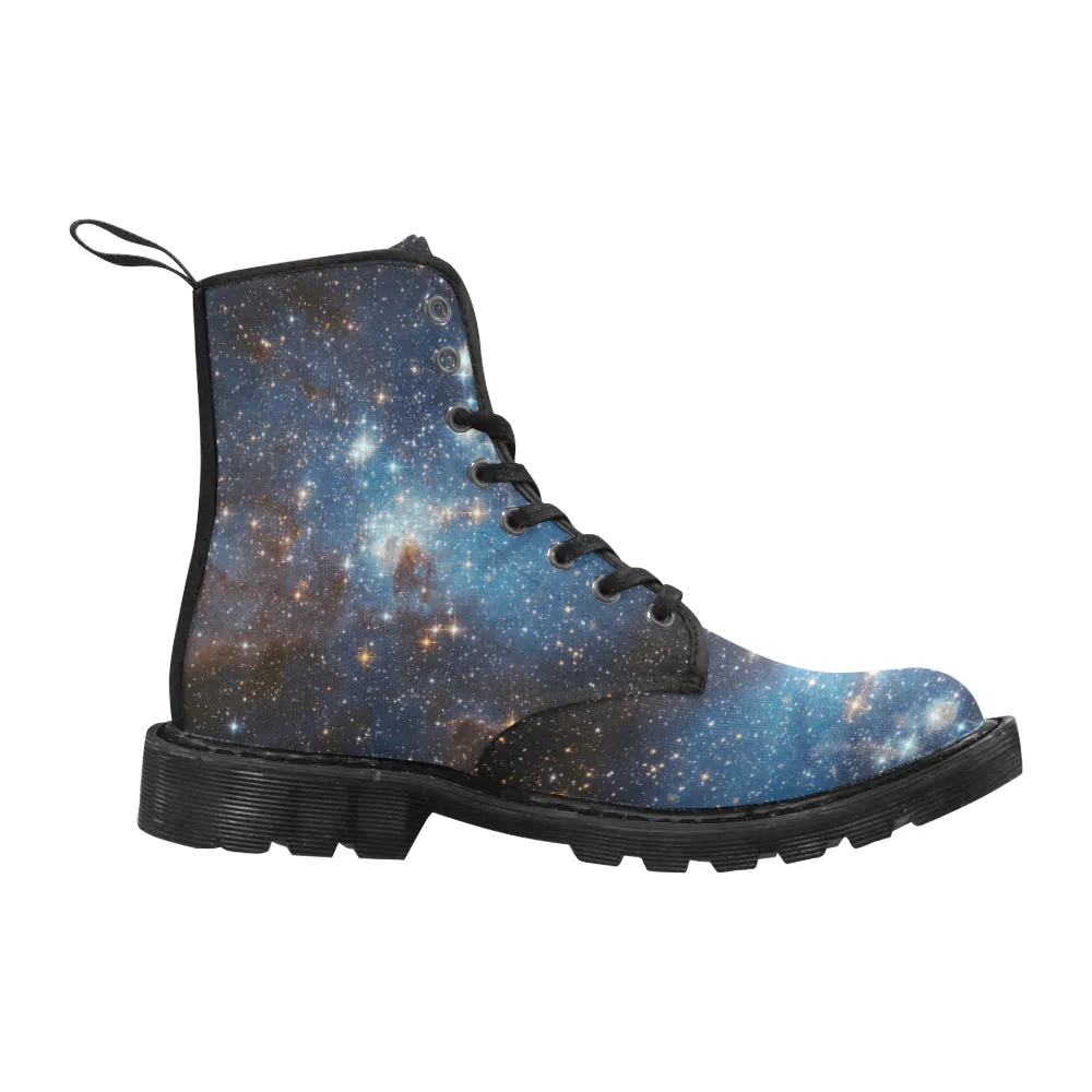 Galaxy boots Women's Vegan Canvas Lace Up Shoes, Blue Universe Space Constellation Festival Print Black Ankle Combat, Casual Custom Gift