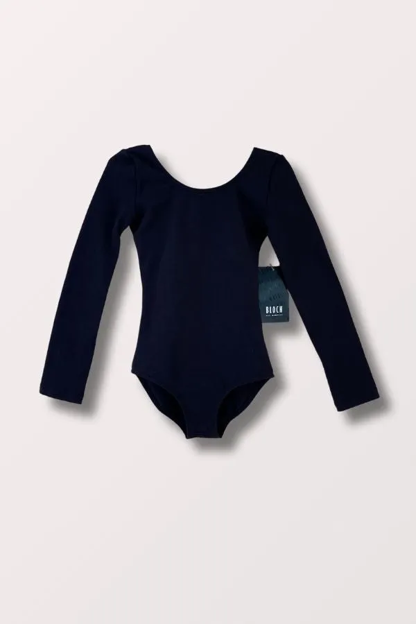 Girls Basic Long Sleeve Round Neck Leotard - Black