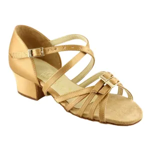 Girls' Latin Dance Shoes, 3010 Leron, Tan Satin, Block Heel