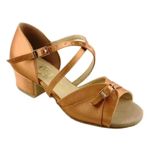 Girls' Latin Dance Shoes, 3070 Polina, Tan Satin, Block Heel