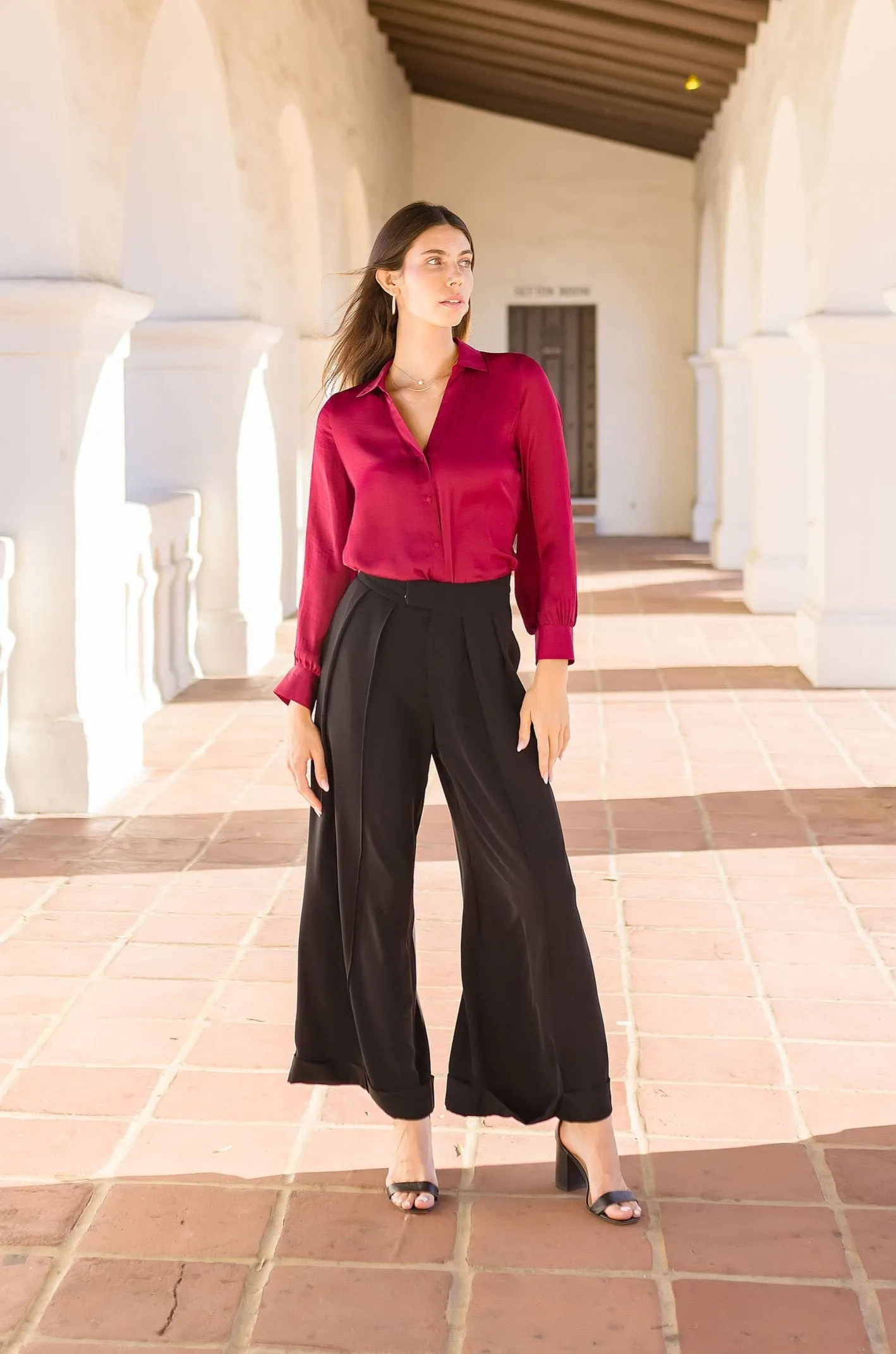 Grace Long Sleeve Button Down Satin Top Burgundy