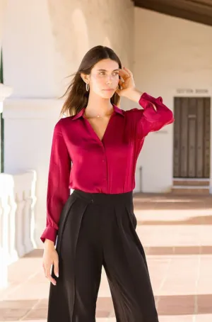 Grace Long Sleeve Button Down Satin Top Burgundy