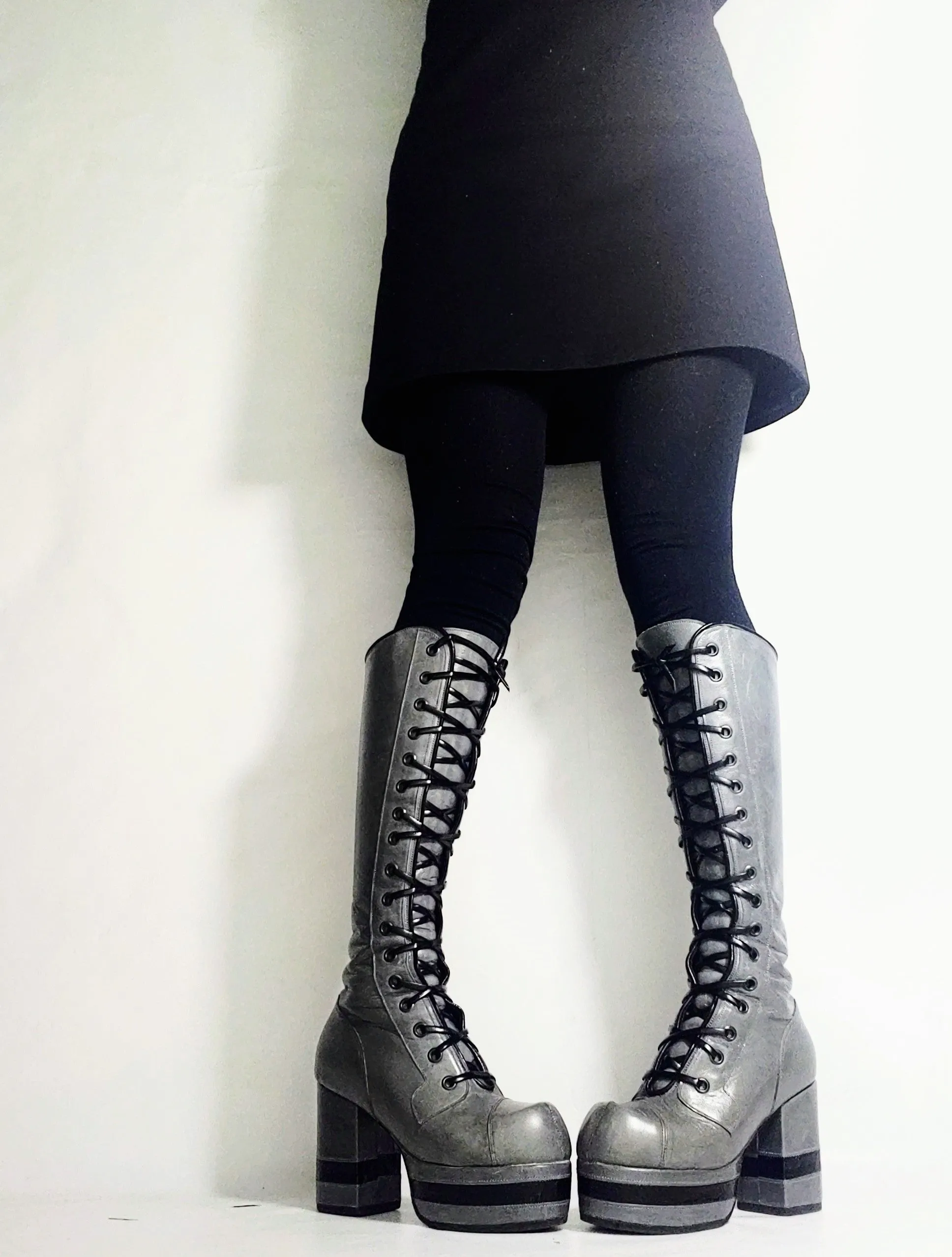 Grey Knee High Platform Boots