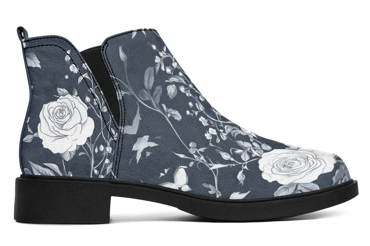 Grey Rose Romance Chelsea Boots - Comfy Slip-On - Soft & Water-Resistant Micro-Suede Vegan Shoes