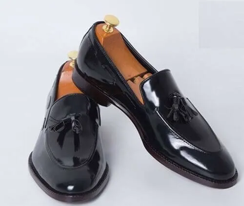 Hand Crafted Black Tussle Loafer Leather Shoes for Men