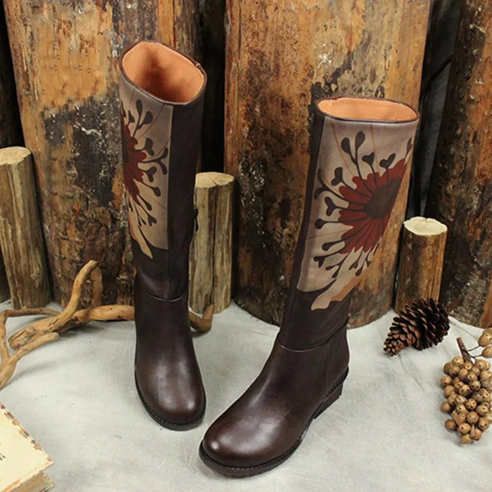 Handmade Leather Knee High Boots  Block Heel Biker Boots Retro Flowers