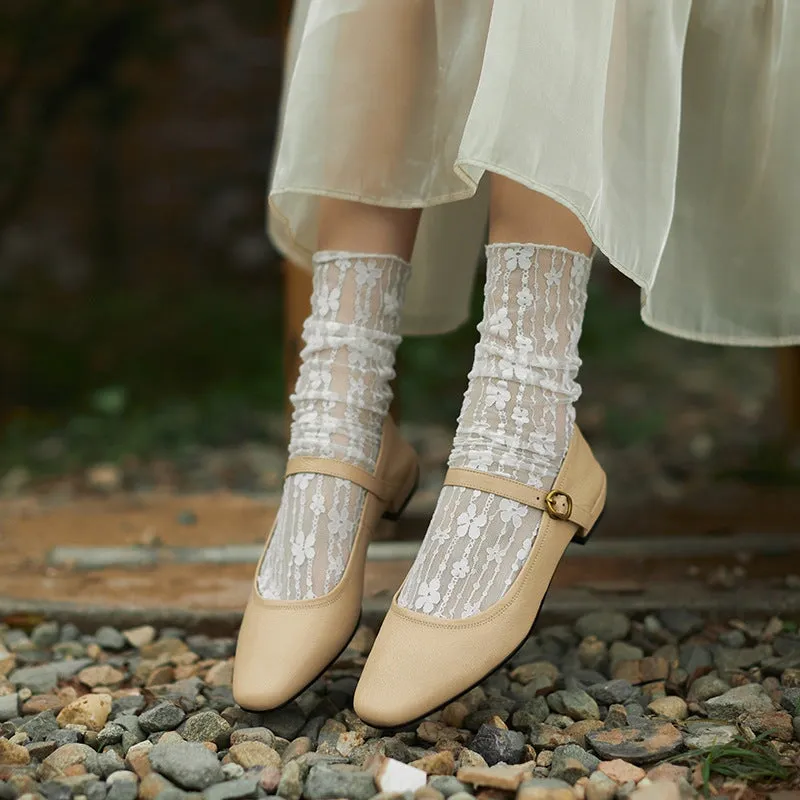 Handmade Leather Strappy Mary Jane with Gold Buckle Block Heel in Apricot/Black