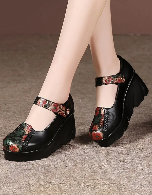 Handmade Printed Leather Ethnic Style Wedge Shoes