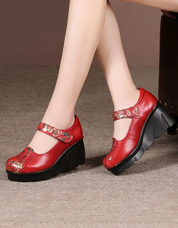 Handmade Printed Leather Ethnic Style Wedge Shoes