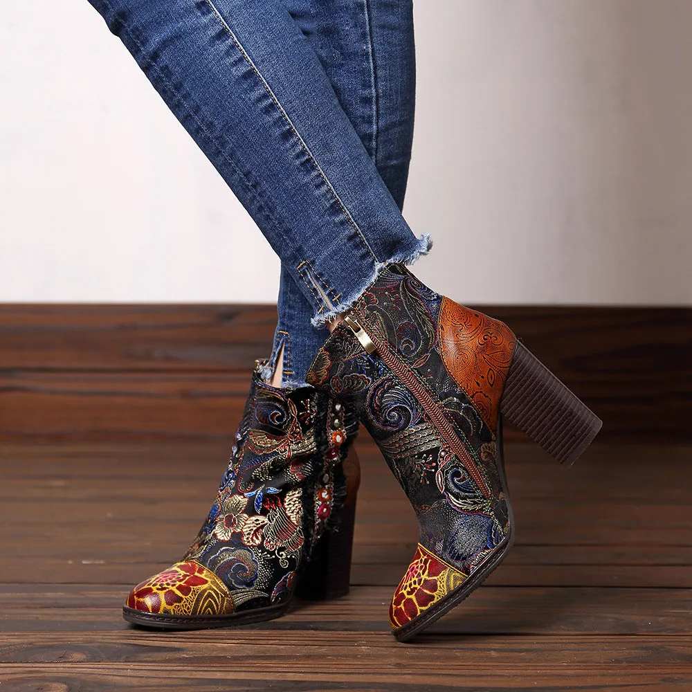 Handmade Retro Floral Ethnic Chunky Boots 36-42