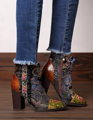 Handmade Retro Floral Ethnic Chunky Boots 36-42