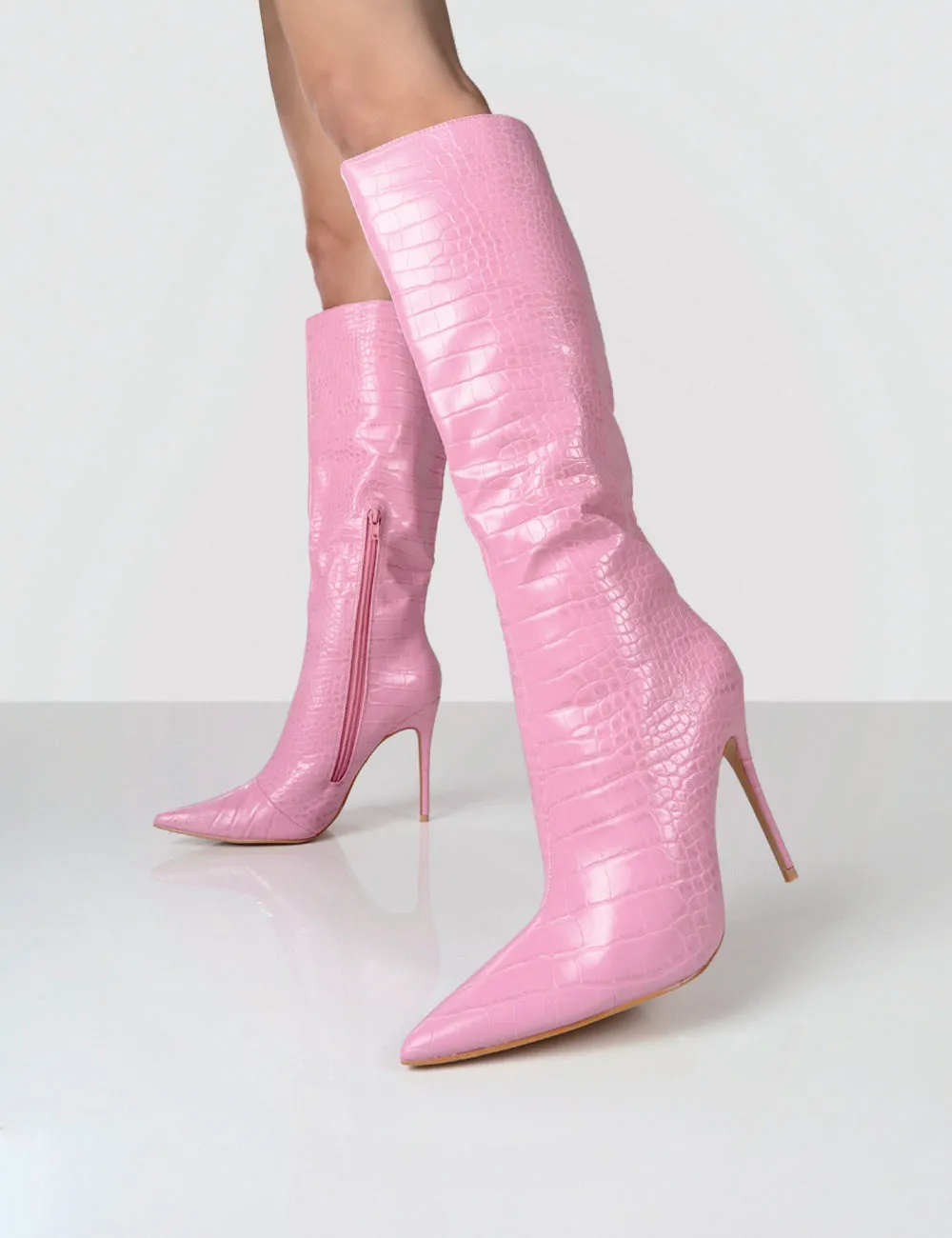 Horizon Pink Croc PU Stiletto Knee High Boots