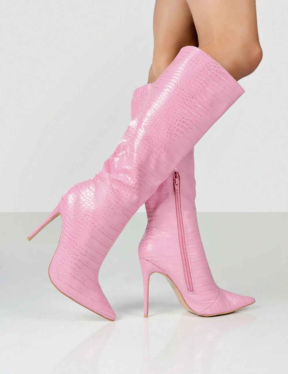 Horizon Pink Croc PU Stiletto Knee High Boots