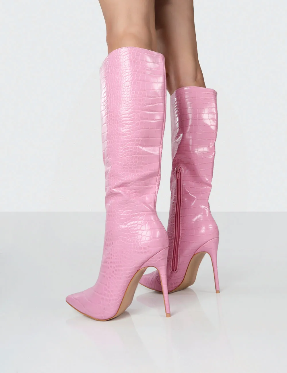 Horizon Pink Croc PU Stiletto Knee High Boots