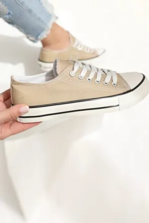 KHAKI CANVAS LACE UP FLAT DESIGNER FASHION TRAINERS