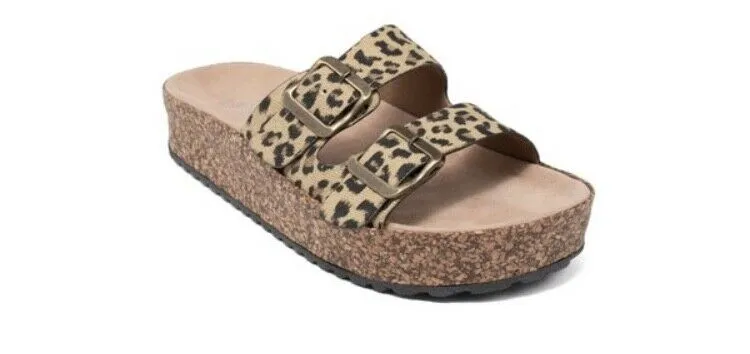 Leopard Double Strap Cork Platform Buckle Slides Sandals Casual Womens