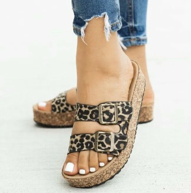 Leopard Double Strap Cork Platform Buckle Slides Sandals Casual Womens