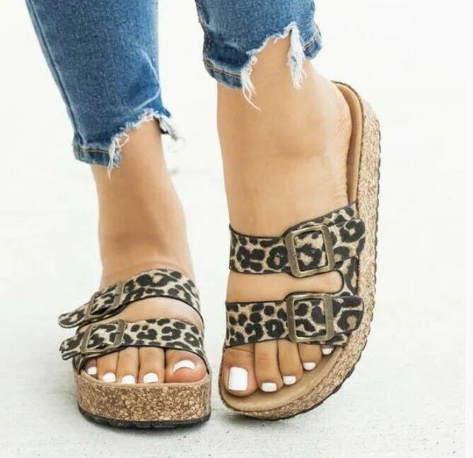 Leopard Double Strap Cork Platform Buckle Slides Sandals Casual Womens