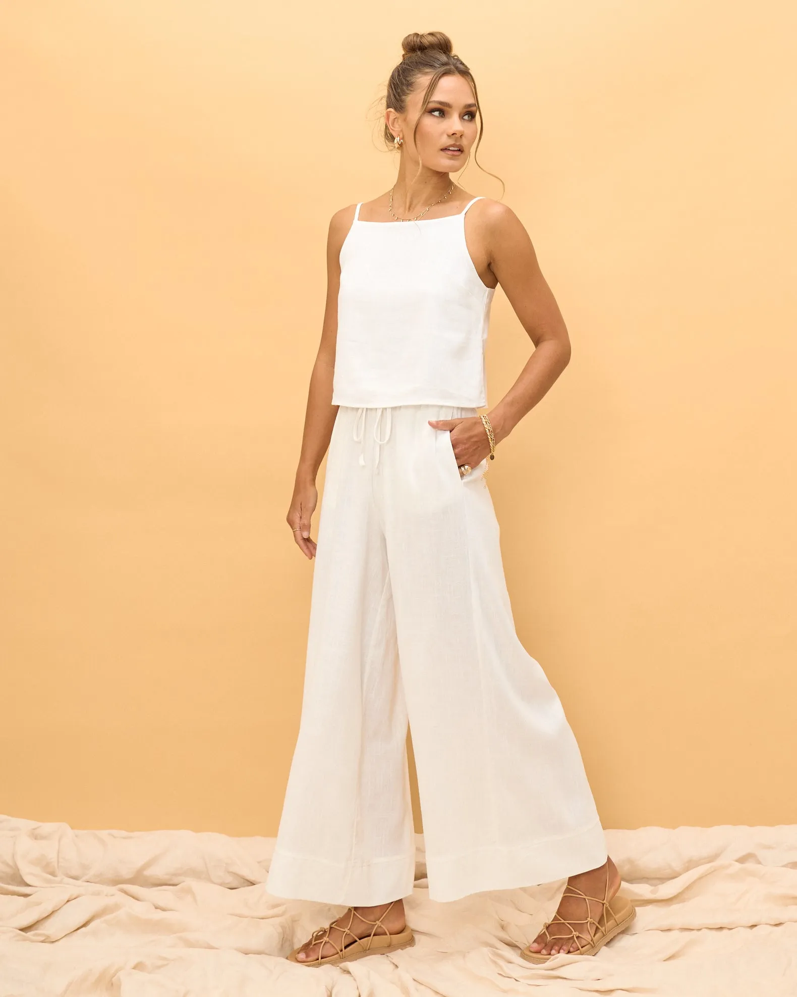 Levie White Linen Wide Leg Pants