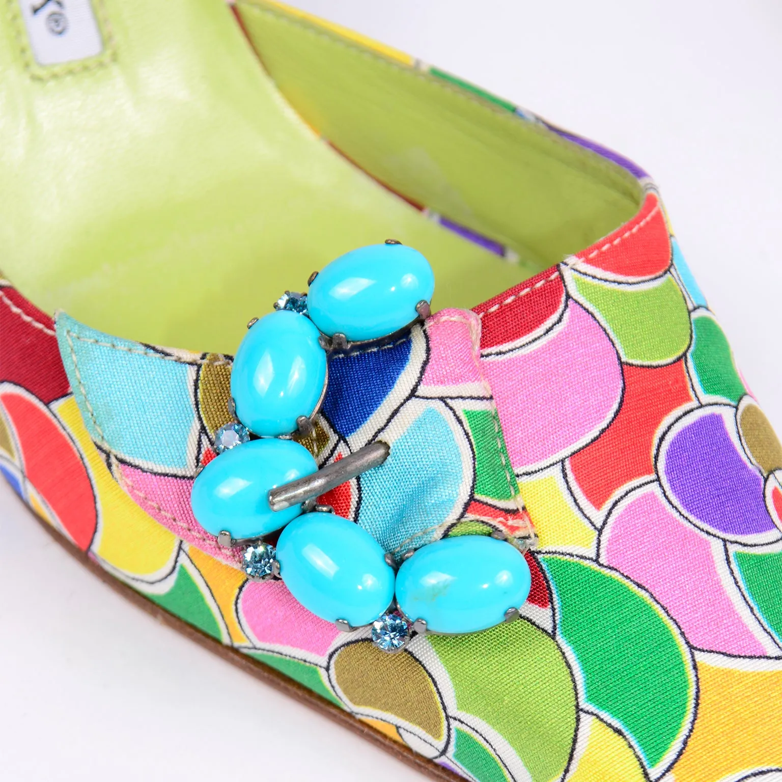 Manolo Blahnik Bold Colorful Pointed Toe Mules W Blue Buckles