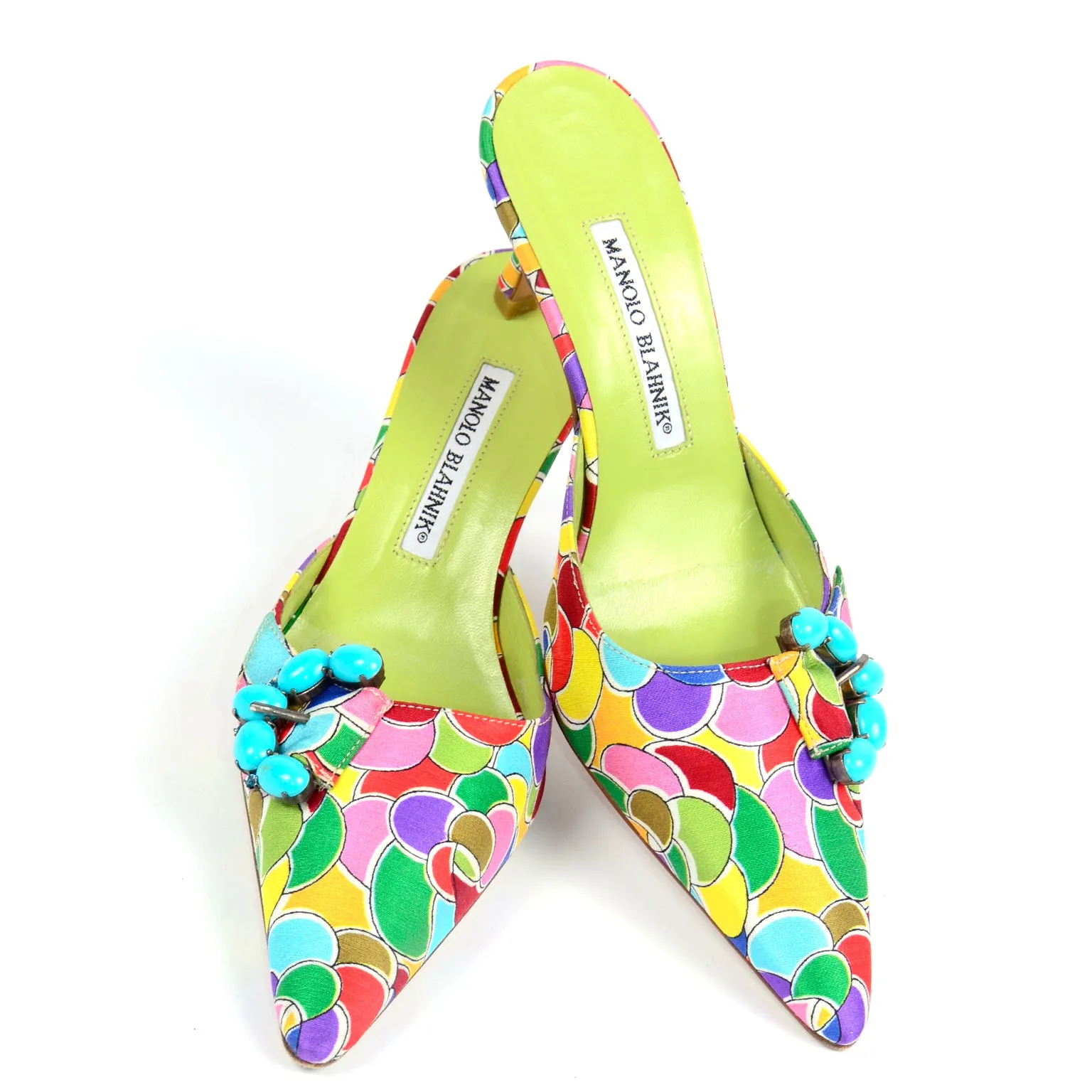 Manolo Blahnik Bold Colorful Pointed Toe Mules W Blue Buckles