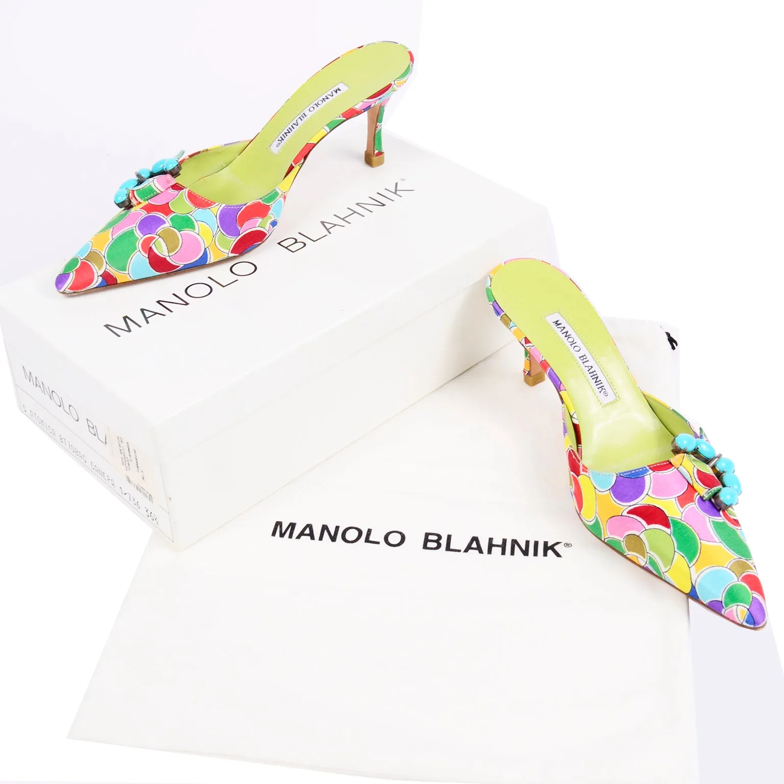 Manolo Blahnik Bold Colorful Pointed Toe Mules W Blue Buckles