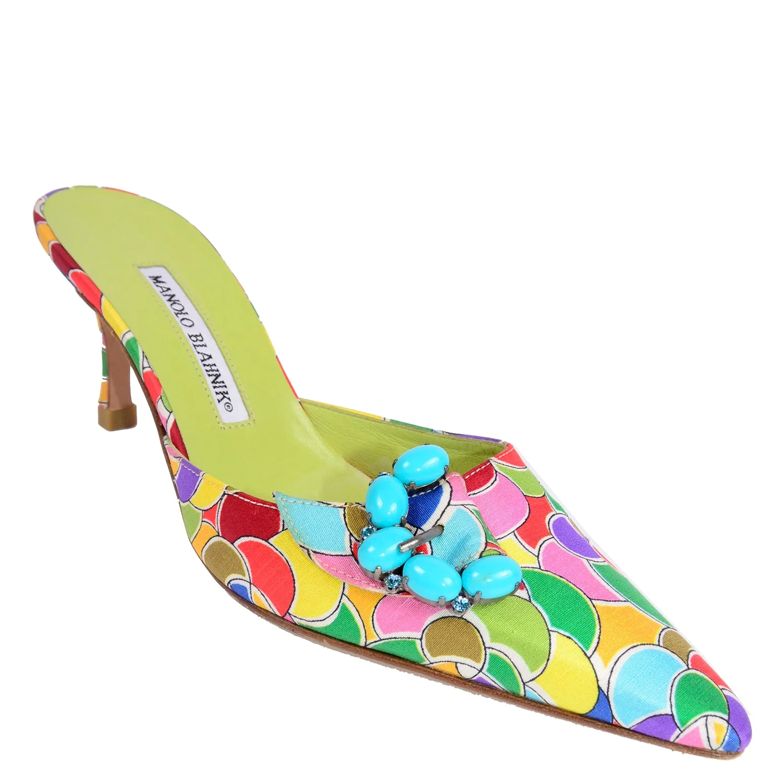 Manolo Blahnik Bold Colorful Pointed Toe Mules W Blue Buckles