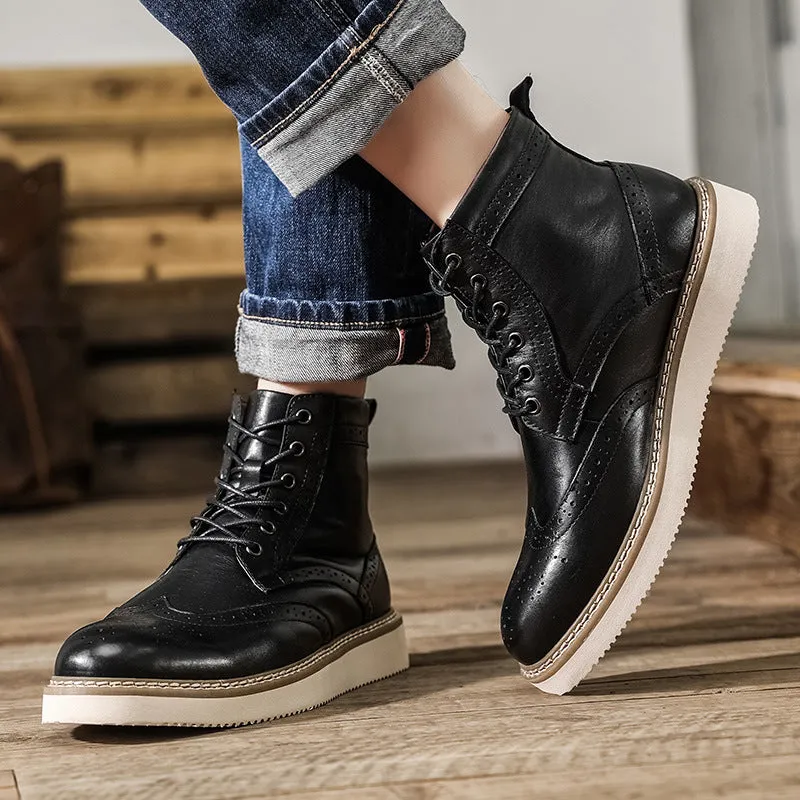 Men Retro Polished Carve Cowhide Leather Boots