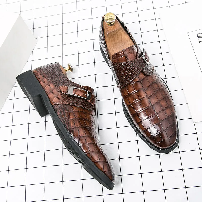 Men's Croc Embossed Pointed Toe Monk Dress Shoes | 8728