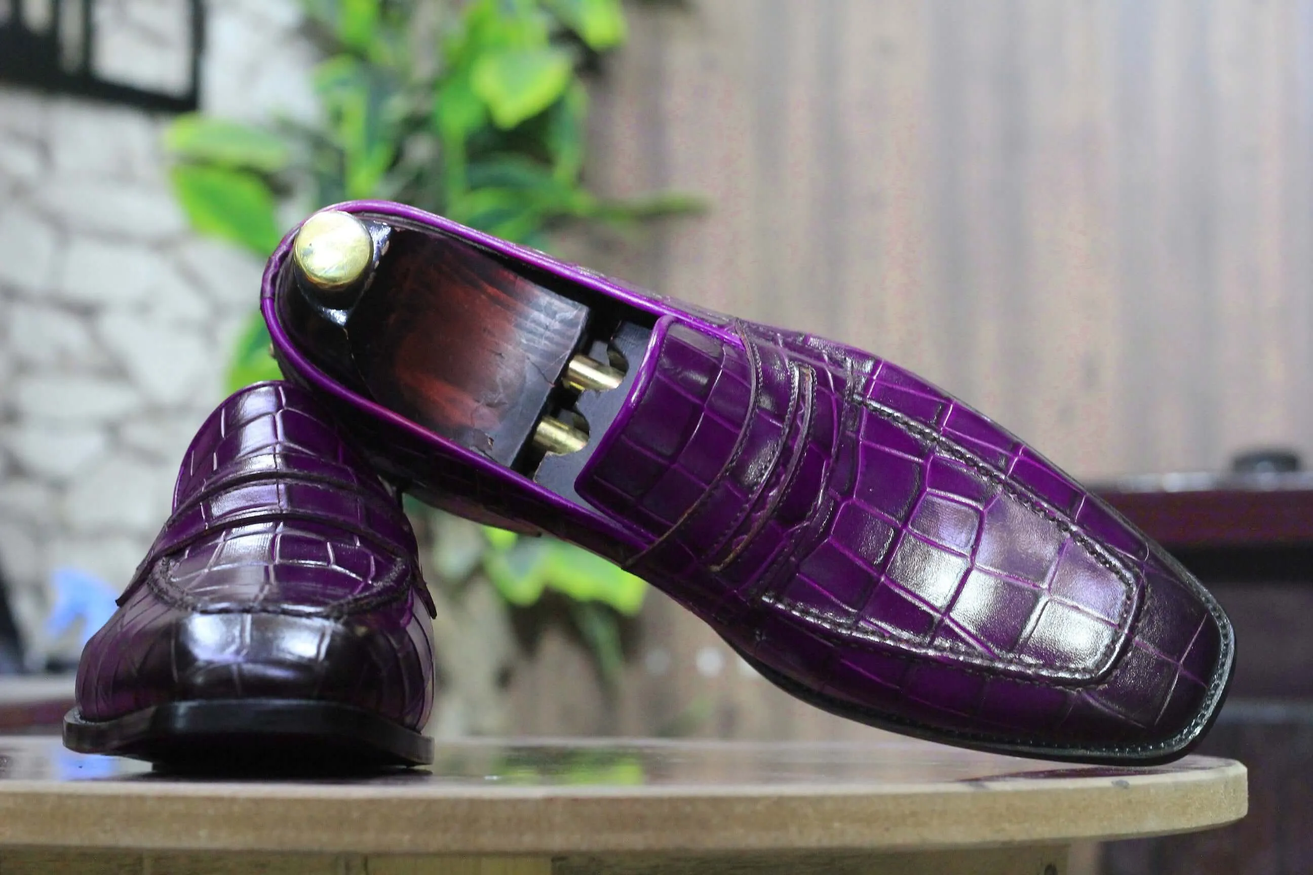 Men's Handmade Purple Penny Loafer, Pure Alligtator With Classic Heel