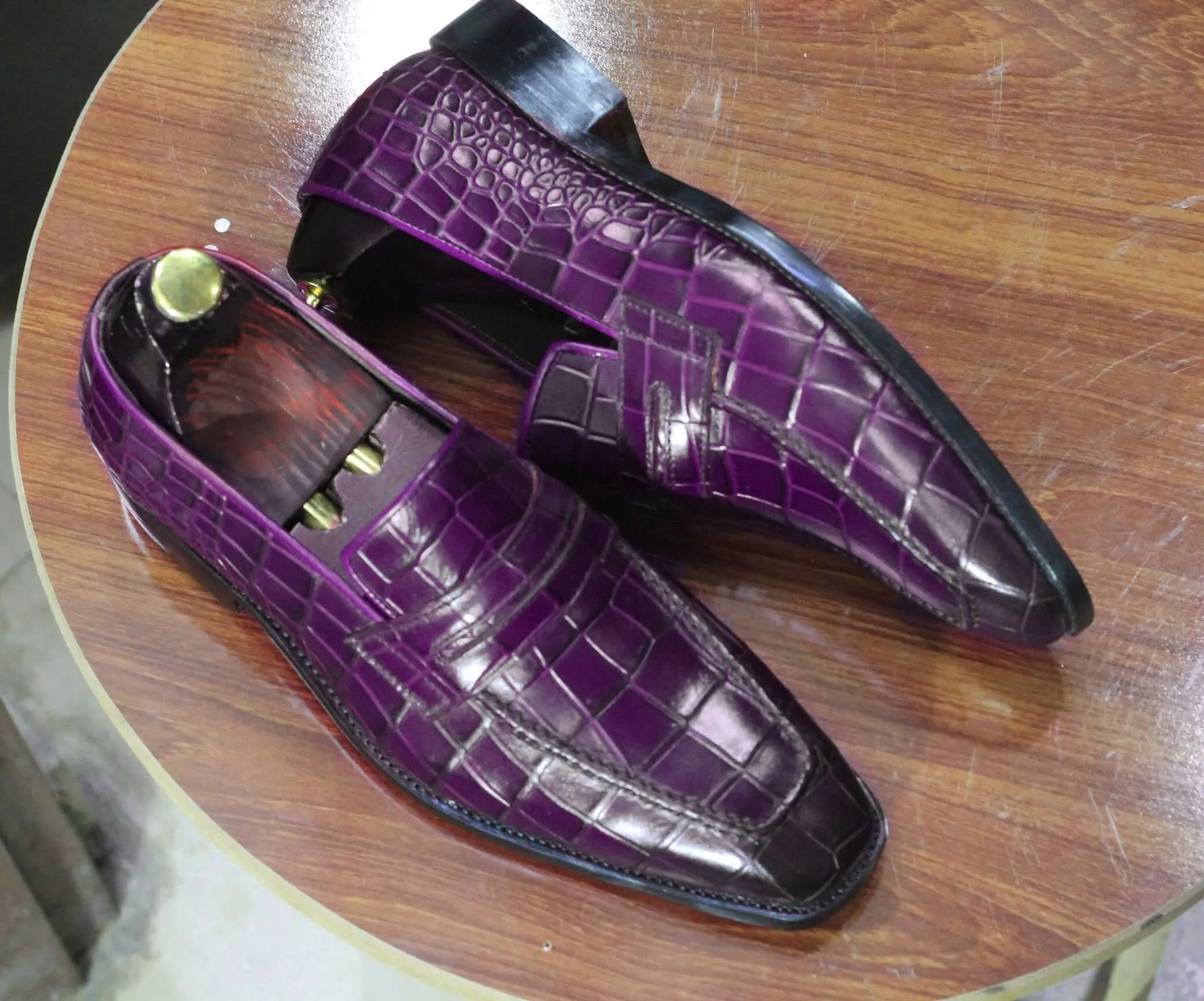 Men's Handmade Purple Penny Loafer, Pure Alligtator With Classic Heel